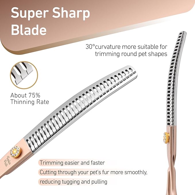 Fenice Peak Professional Curved Chunker Dog Grooming Scissors 7.0'' Rose Gold Thinning Shears Extremely Sharp Blades 440C Stainless Steel Thinning Shears Durable Smooth Fine Cut for Dogs and Cats.