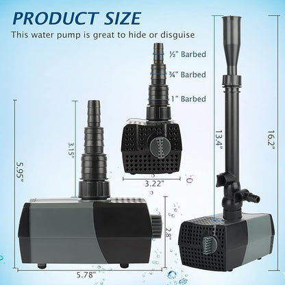 WaterRebirth HSUP2100F Versatile Submersible Pump - Fountain Jets for Ponds, Fish Tanks, Water Gardens - Aquarium & Pond Pump (2100L/H)