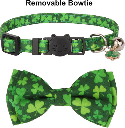 ADOGGYGO St. Patrick's Day Cat Collars with Bow Bell, Green Shamrock Pattern Kitten Collar with Removable Bowtie, Pet St Patricks Collars for Cats Kittens (St. Patrick's Day)