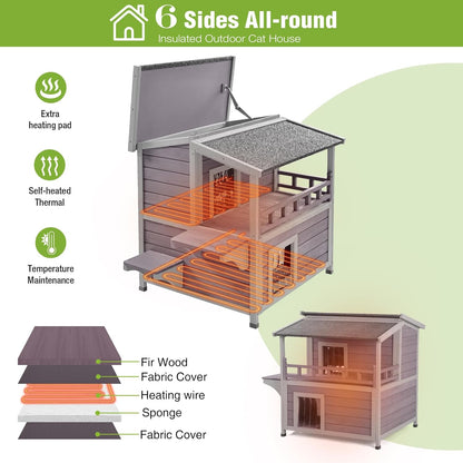 GUTINNEEN 2 Story Heated Cat House for Outside Outdoor Cat House Insulated Weatherproof Feral Cat Shelter with Heated Pad, Insulated All-Round Thermal Liner, Chewproof Cable for 1-4 Cats in Winter