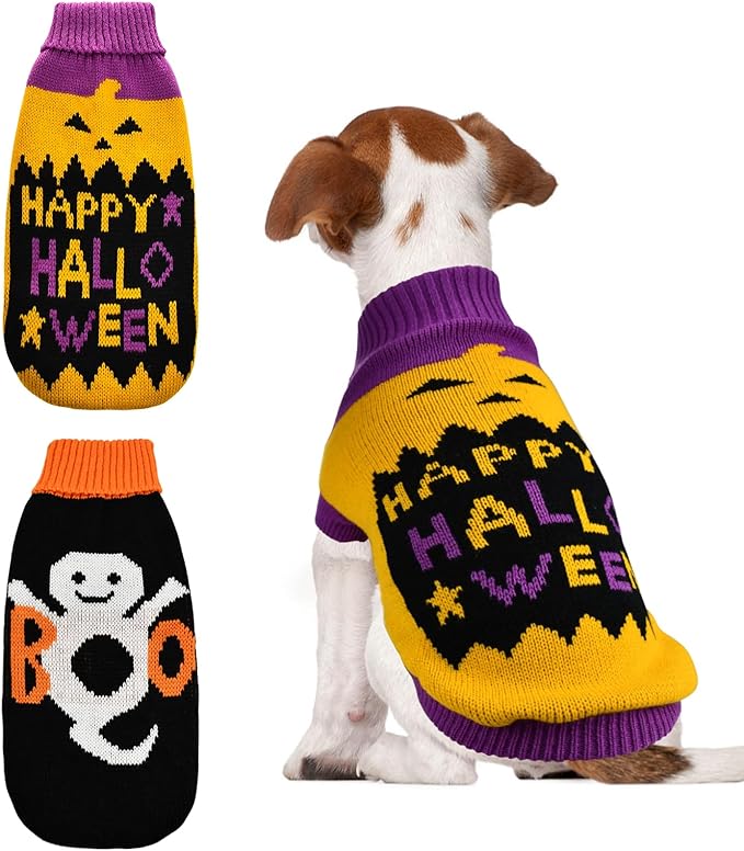 2Pcs Halloween Dog Sweaters Kitten Cat Knitwear Puppy Cat Halloween Pumpkin Ghost Sweater Pet Halloween Sweater Clothes Outfit Costume for Kittens Cats Puppies Small Medium Dogs XXL