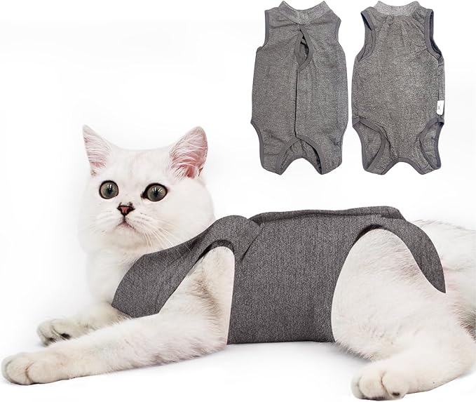 Cat Recovery Suit for Male and Female Surgical Post Surgery Soft Cone Onesie Shirt Clothes Neuter Licking Protective Diapers Outfit Cover Kitten Spay Collar(S, Grey)