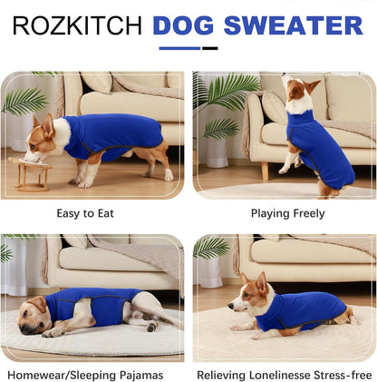 ROZKITCH Dog Sweater with Leash Hole, Warm Winter Coat Soft Pullover Pajamas Windproof Cold Weather Jacket Vest Cozy Jumpsuit Apparel Outfit Clothes for Walking Hiking Travel Sleep Blue 3XL