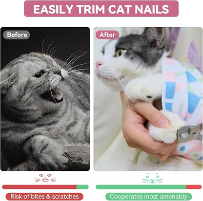 Cat Grooming Wrap for Cutting Nails, 21.6" Anti-Escape Calming Cat Swaddle Wrap for Medicine, Nail Clipping, Teeth Brushing, Ear Cleaning, Self-Adherent Burrito Restraint, (Geometric Fish, M)