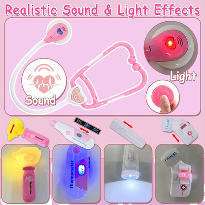 Toy Doctor Kit for Girls - TEUVO Pretend Play Doctor Set with Dog Toy, Carrying Bag, Stethoscope, Dress Up Costume - Toys Doctor Play Birthday Gift for Kids Toddlers 2 3 4 5 6 7 Year Old for Role Play