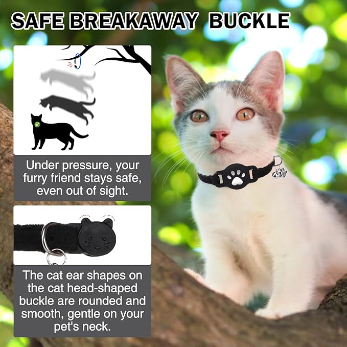 AirTag Cat Collar with Bells, Soft Velvet Cat Collar Breakaway with Airtag Holder, Safety Cat GPS Tracker Collars for Girl Boy Cats, Kittens and Puppies, Adjustable 8"-12"