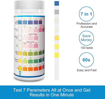Aquarium Test Strips for Freshwater Fish: 7 in 1 Fish Tank Water Testing Kit for Aquarium Pond - Accurate Testing Nitrate Nitrite Hardness Free Chlorine pH Carbonate Total Alkalinity-100 Strips