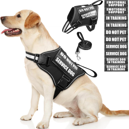 Service Dog Vest Harness and Leash Set+10 Patches,No Pull&Easy Walk Reflective Dog Harness with Soft Padded Handle for Training/Everyday,Fit Small/Medium/Large/Extra-Large Dogs (Black L)