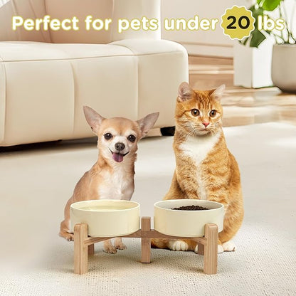 SPUNKYJUNKY Elevated Dog Bowls Ceramic, 5.1'' Dogs and Cat Food Water Bowls Raised with Non-Slip Bamboo Stand for Puppy Small Sized Breed Microwave Dishwasher Safe - 13.5 OZ,Beige