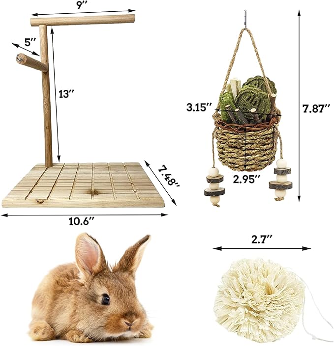 kathson Bunny Chew Toys for Teeth Grinding, Rabbit Wooden Scratch Board Feet Pad Platform Natural Seagrass Hanging Basket Small Animals Play Toy for Guinea Pigs Chinchilla Hamsters(C)