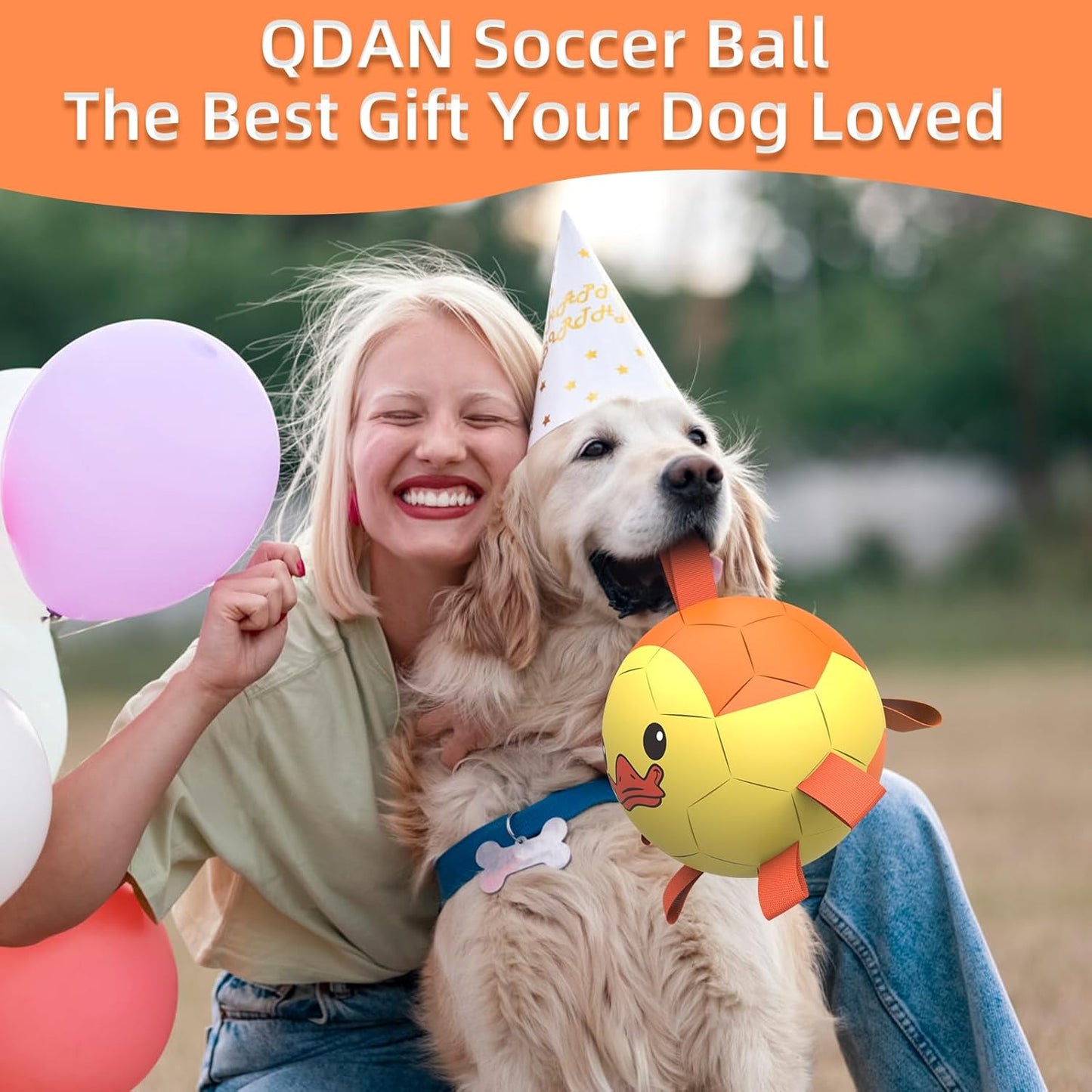 QDAN Dog Toys Soccer Ball with Straps, Interactive Dogs Toys for Tug of War, Puppy Birthday Gifts, Dogs Tug Toy, Dog Water Toy, Durable Dog Balls for Medium & Large Dog - Duck（8 Inch）
