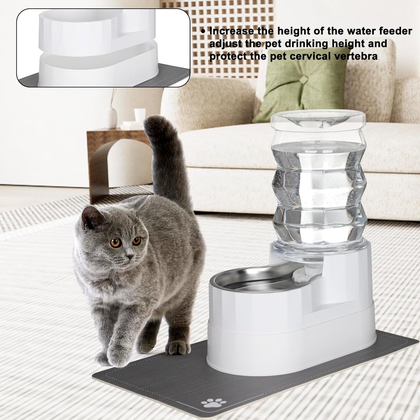 RIZZARI Pet Waterer Gravity Dispenser: White 7L Raised Bowl Feeder - Stainless Steel Anti-Leak Design - for Cats/Dogs Travel