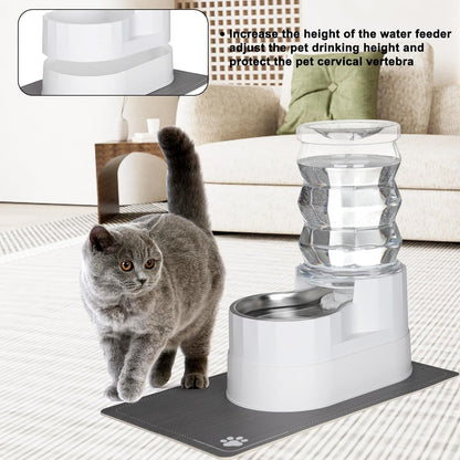 RIZZARI Pet Waterer Gravity Dispenser: White 7L Raised Bowl Feeder - Stainless Steel Anti-Leak Design - for Cats/Dogs Travel