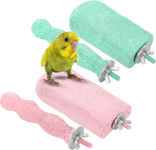 Soulchen 4 Pcs Bird Beak Grinding Calcium Stone Perches Parrot Teeth Mouth Molar Cage Accessories Platform Paw Grinding Sticks Jumping Stand for Macaws Parakeets Finches Cockatiel(Green,Pink)