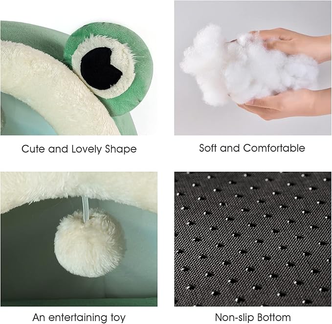 Jiupety Cute Cat Bed, Indoor Lovely Velvet Igloo for Cat and Small Dog, Warm Cave Sleeping Nest Bed for Puppy and Kitten, Green Frog, M