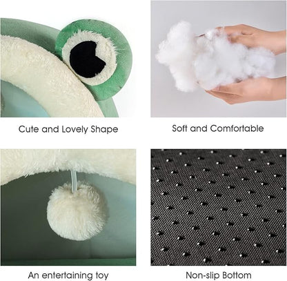 Jiupety Cute Cat Bed, Indoor Lovely Velvet Igloo for Cat and Small Dog, Warm Cave Sleeping Nest Bed for Puppy and Kitten, Green Frog, M