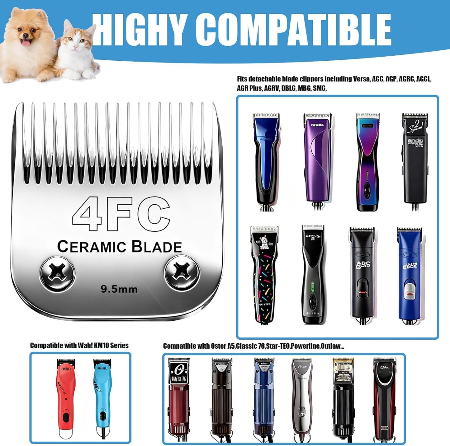 Dog Grooming Replacement Blades Compatible with Andis Dog Clipper, Dog Clipper Blades Compatible with Oster A5,Wahl KM-10 Series Dog Clipper, 4FC Blades (9.5mm)