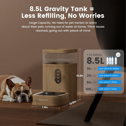 Gardner Pet Automatic Dog Water Dispenser Gravity Waterer with Stainless Steel Bowl Water Dispenser 8.5L Large Capacity Water Feeder with Filters for Dogs Cats Pets, BPA-Free Noise-Free (Brown, 8.5L)