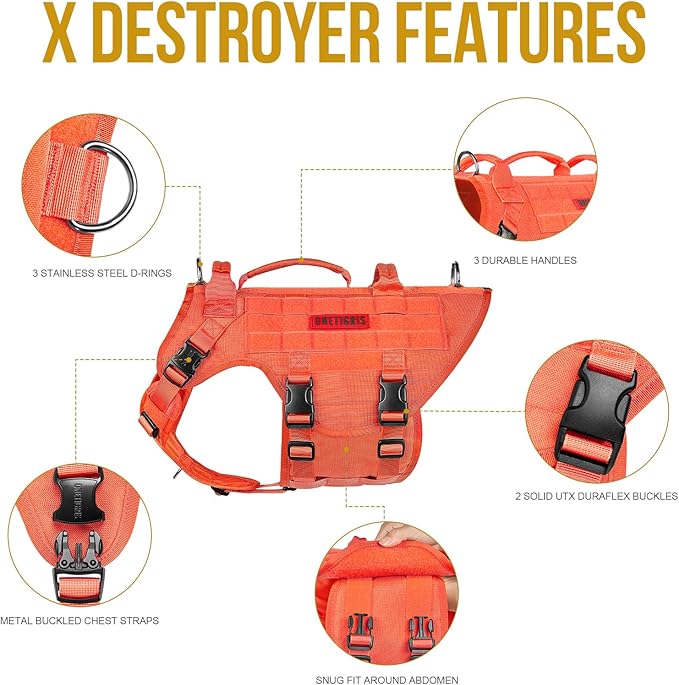 OneTigris Large Tactical Dog Harness, No Pulling Adjustable Dog Vest Harness, Heavy Duty Dog Harness with Handle, Large Hook and Loop Panels for Patch(Orange,L)
