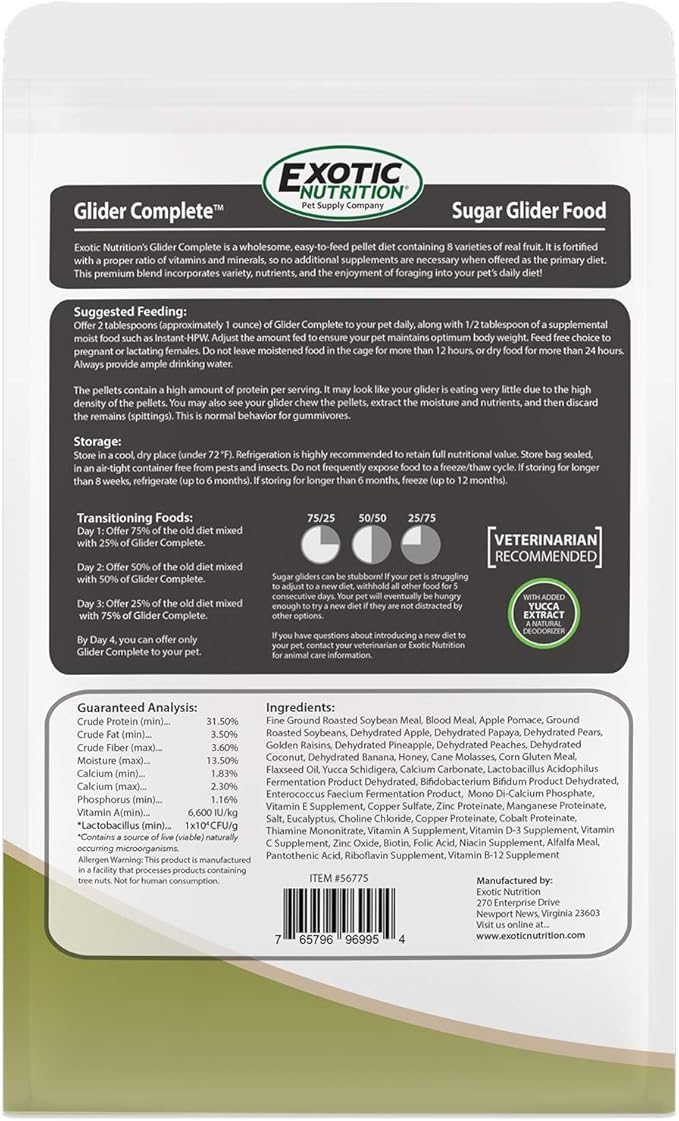 Exotic Nutrition Glider Complete 5 lb | Natural Fruit Bits | Sugar Glider Food