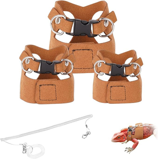 3 Pack Escape-Proof Bearded Dragon Leash - Adjustable Leather Vest and Retractable Nylon Leash, Bearded Dragons Accessories for Chameleons & Small Pets (S/M/L,Brown)