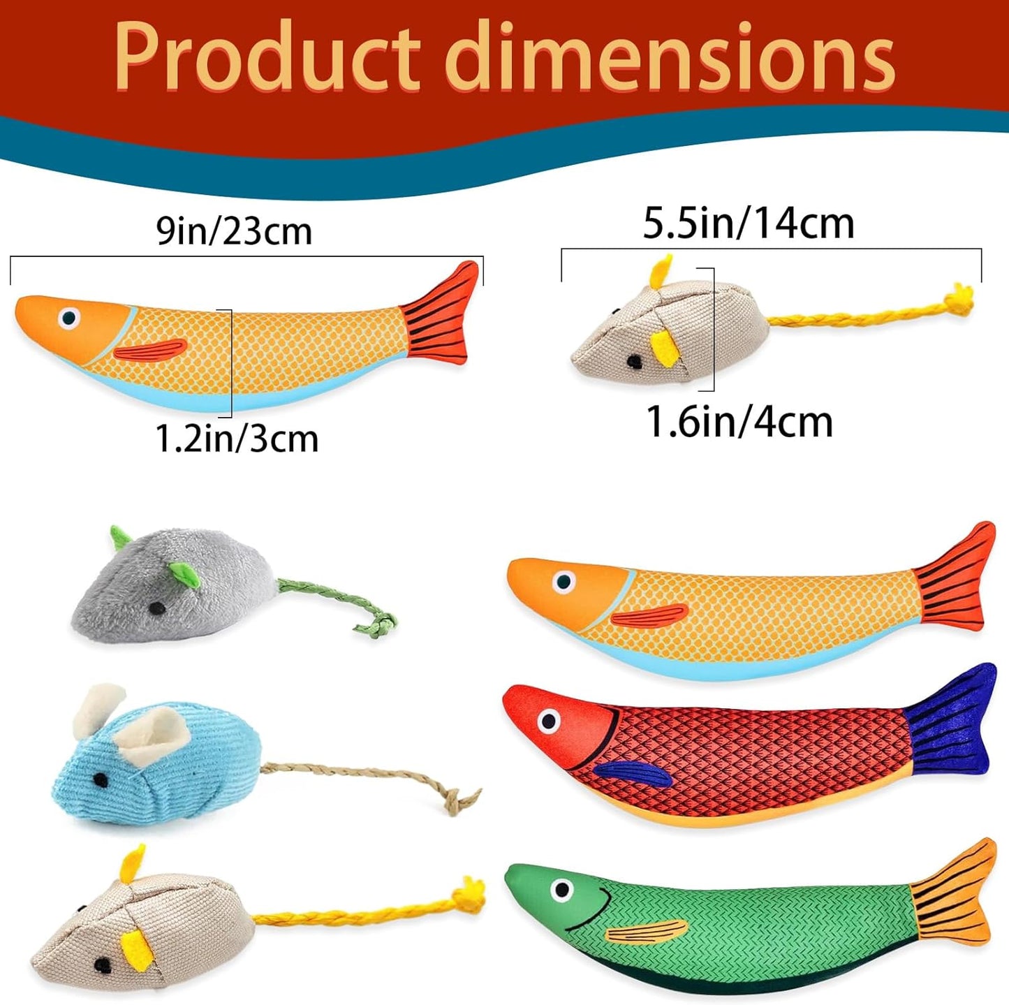 Cat Kicker Toy 6-Pack Organic Catnip Toys for Cats Squeak Mice Set with Rattle Crinkle Sound Soft Teething Chew Interactive Flopping Toys for Indoor Kittens Durable Fish-Shaped Kicker Relieve Boredom