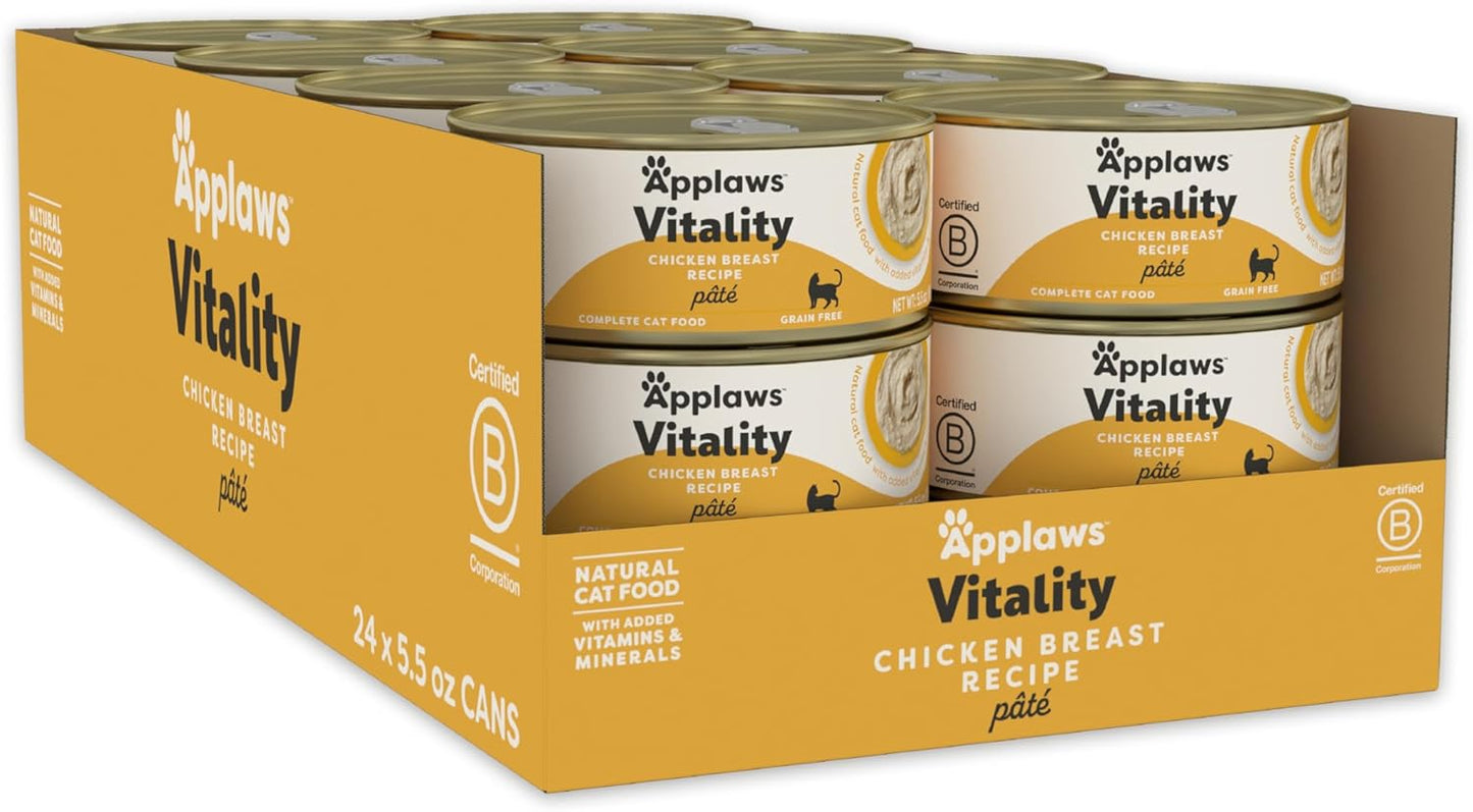Applaws Vitality Wet Cat Food Paté, Natural Cat Food with Added Vitamins & Minerals, Grain-Free, Carrageenan Free, Chicken Breast Recipe (24 Count, 5.5oz Cans)