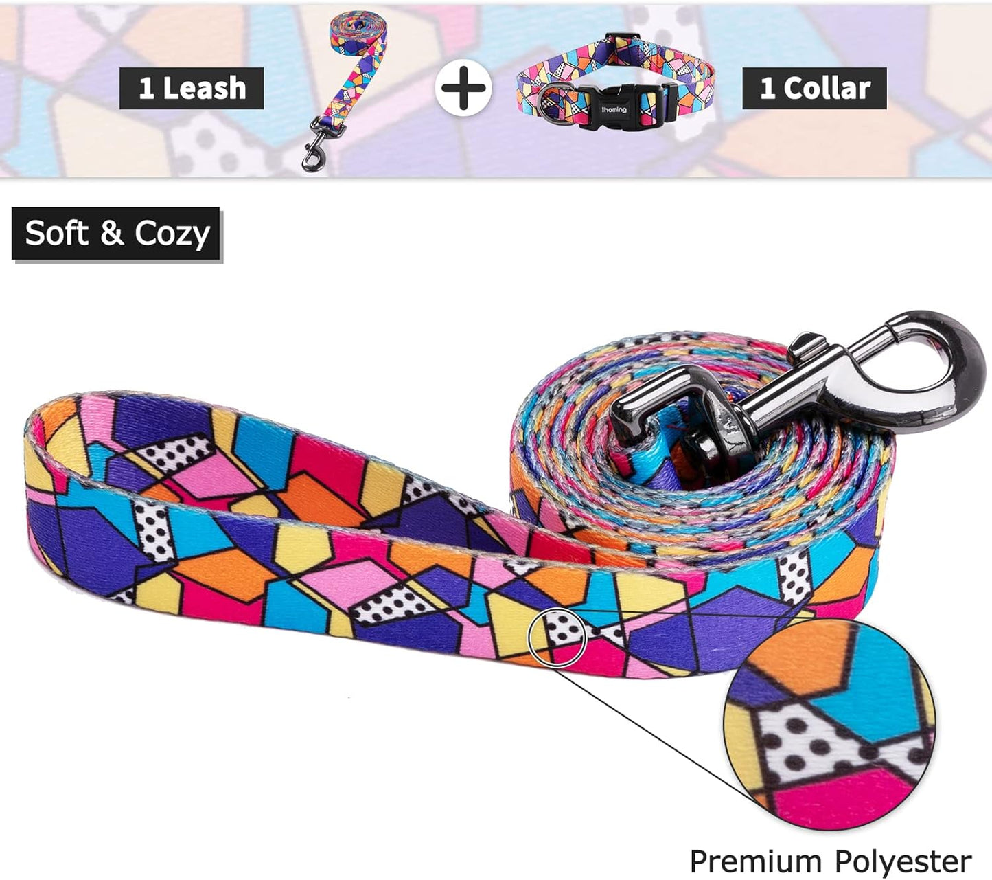 Ihoming Dog Collar and Leash Set for Daily Outdoor Walking Running Training, Geometric Design for Small Boys Girls Dogs Cats Pets, S-Up to 20LBS