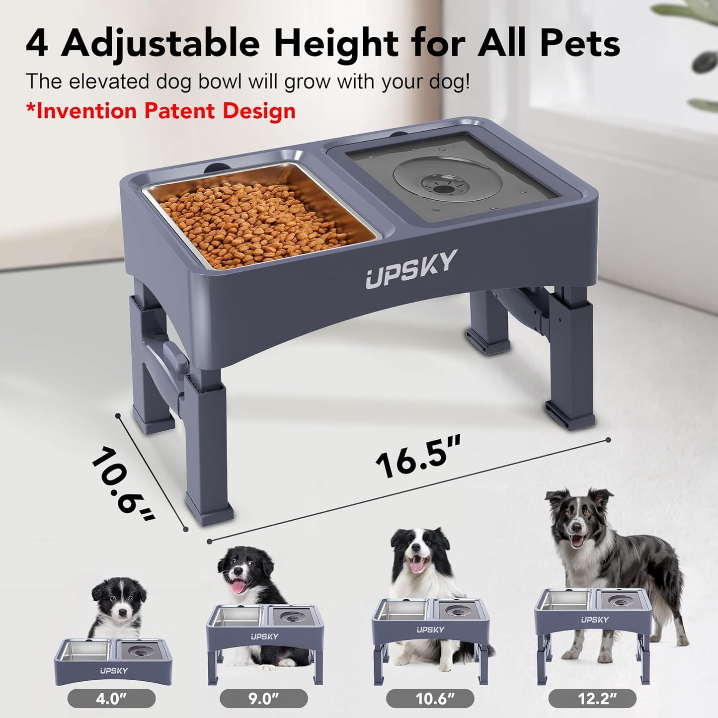 UPSKY 3-in-1 Elevated Dog Bowls Slow Feeder, Adjustable Stand, Stainless Steel Food & No Spill Pet Water Bowl for Small Medium Dogs, Blue