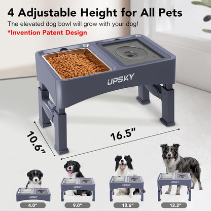 UPSKY 3-in-1 Elevated Dog Bowls Slow Feeder, Adjustable Stand, Stainless Steel Food & No Spill Pet Water Bowl for Small Medium Dogs, Blue