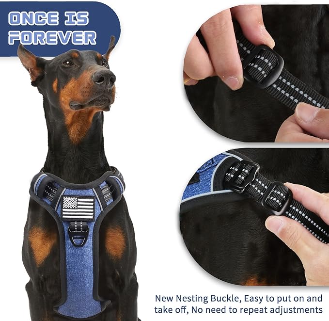 BUMBIN Tactical Dog Harness for Small Dogs No Pull, Famous TIK Tok No Pull Puppy Harness, Fit Smart Reflective Pet Walking Harness for Training, Adjustable Dog Vest Harness with Handle Denim Blue XL