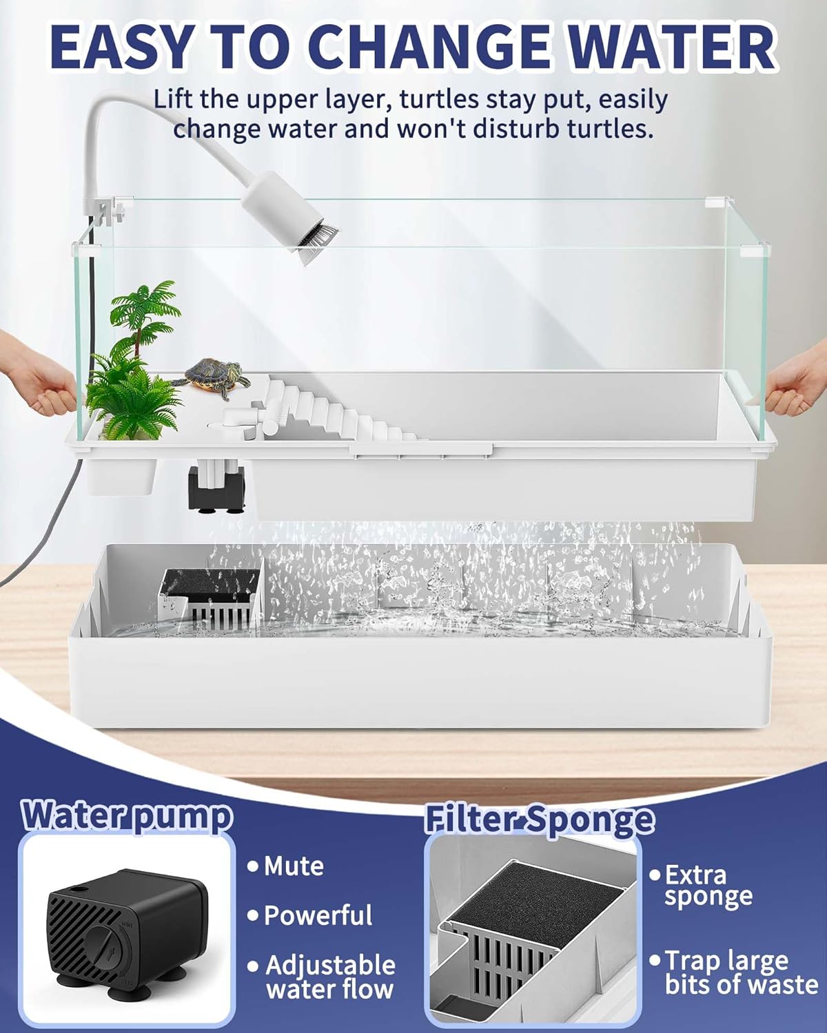 Large Turtle Tank Kit(Tank + Light + Water Pump), Acrylic Turtle Tank Starter Kit with Upgrade Rain Shower Head, Adjustable 5W Water Pump, Higher Fences and Multi-Function Area. (L-Kit)