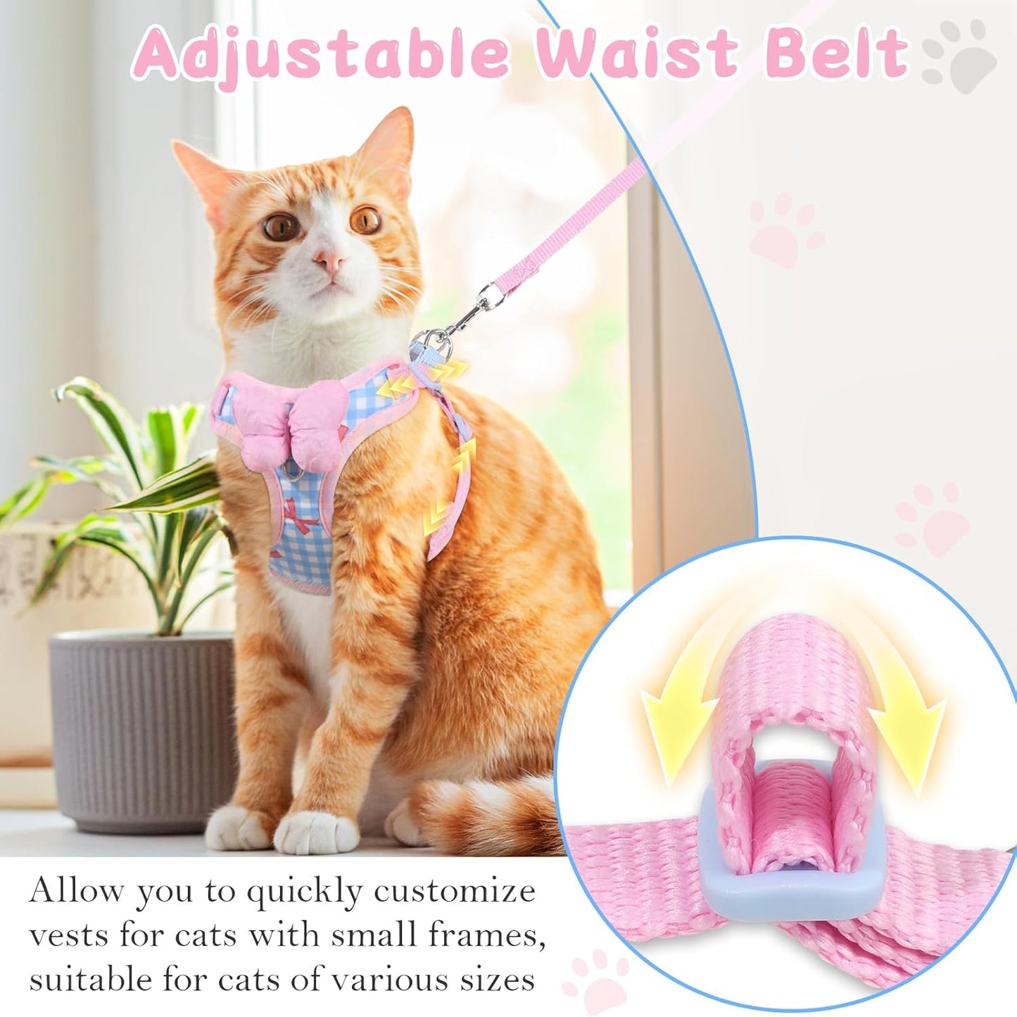 Cat Vest Harness and Leash Set for Walking Escape Proof, Adjustable Kitten Harness and Leash Set Breathable Mesh with Bow Harness for Kitty Puppy Bunny（Pink Medium）