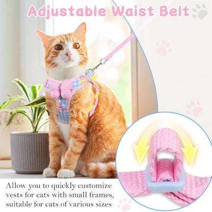 Cat Vest Harness and Leash Set for Walking Escape Proof, Adjustable Kitten Harness and Leash Set Breathable Mesh with Bow Harness for Kitty Puppy Bunny（Pink Medium）