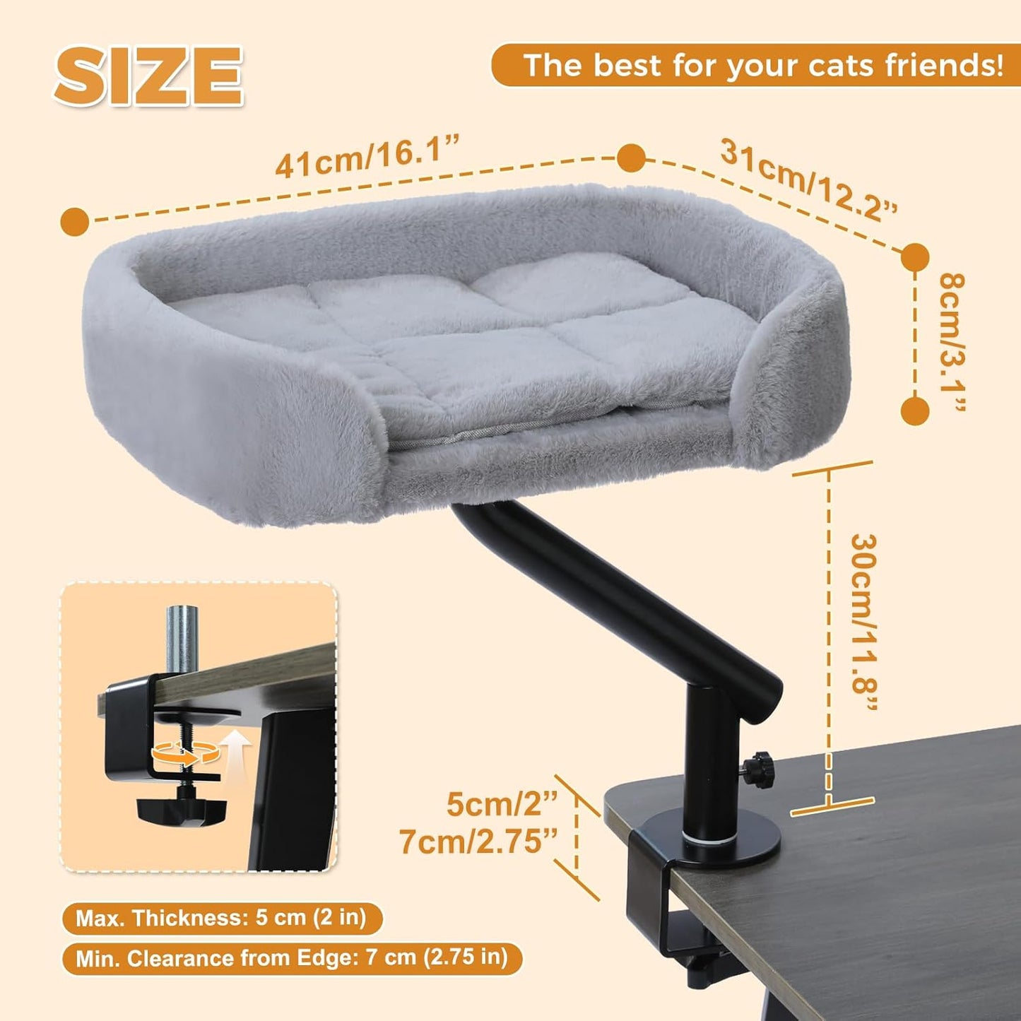 PAWZ Road Cat Desk Bed for Indoor Cats, Cat Bed for Desk Supports Up to 50 lbs, 360° Rotation & Adjustable, Nest Desktop Attachment Cats Hammock for Table, Gray