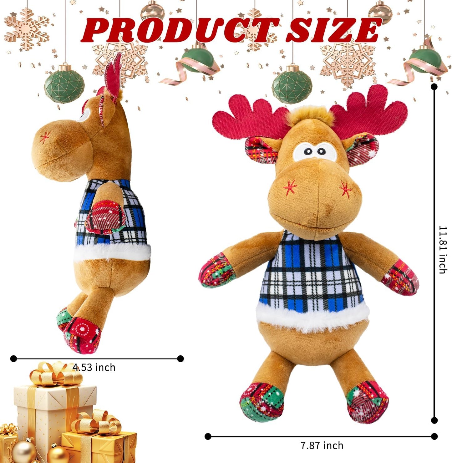 Dog Toys Squeaky Interactive Puppy Teething Chew Toy with Crinkle Sound Paper Tail Stuffed PP Cotton,Keep Them Busy, Large Medium Small Breeds Indoor Play, Christmas Deer