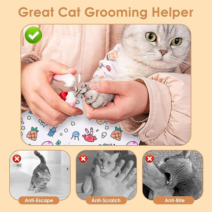 Cat Grooming Wrap for Cutting Nails, 27.5 * 27.5in Self-Adherent Cat Scratching Blanket for Nail Clipping Ear Cleaning Teeth Brushing Cats Anti-Scratch/Escape Swaddle Restraint Bag (White)