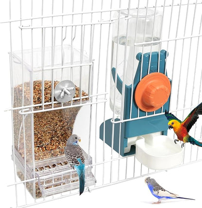 No Mess Bird Feeder Water Dispenser Set, Automatic Parrot Feeder Drinker Cage Accessories, for Parakeets, Cockatiels, Budgies, Macaws, Lovebirds, Canaries - Cage Mounted/External Hanging (Blue)