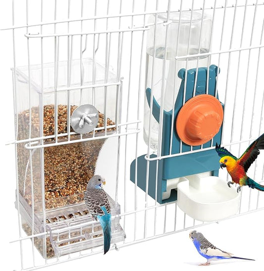 No Mess Bird Feeder Water Dispenser Set, Automatic Parrot Feeder Drinker Cage Accessories, for Parakeets, Cockatiels, Budgies, Macaws, Lovebirds, Canaries - Cage Mounted/External Hanging (Blue)