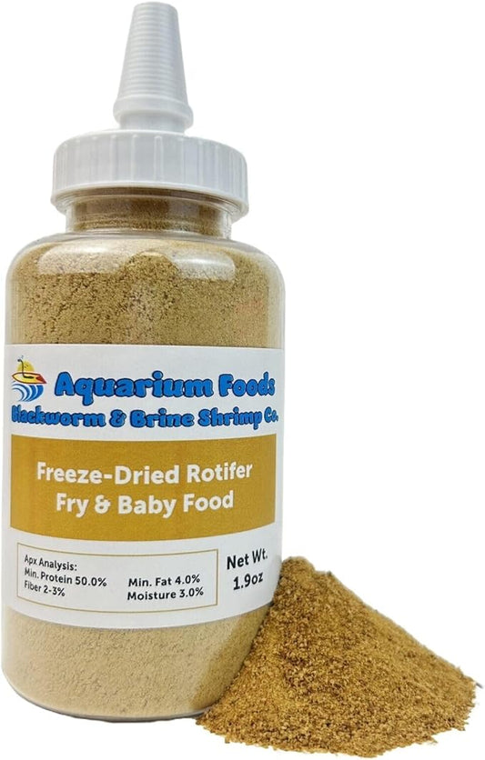 Aquatic Foods Inc. Rotifers Powder-Micro Bits Fry & Baby Food, for Freshwater & Marine Fish, Corals, Anemones, All Tiny Nano Fish, Fry & Babies, 1.9oz Lg Squeeze Bottle