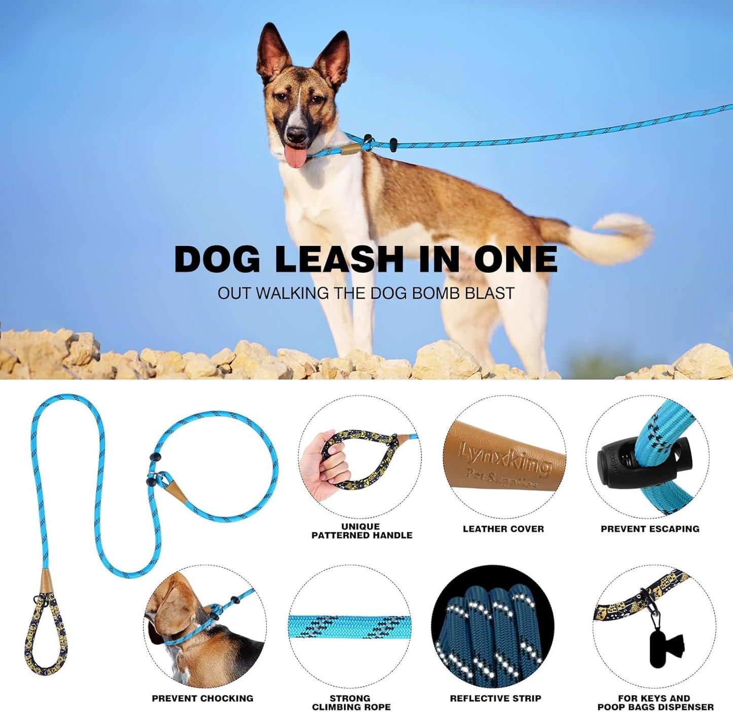 lynxking Slip Lead Dog Leash Reflective, Heavy Duty Comfortable Strong Rope for Large Medium Small Dogs No Pull Pet Training (Light Blue, Small 3/8in x 6ft-Slip Lead)