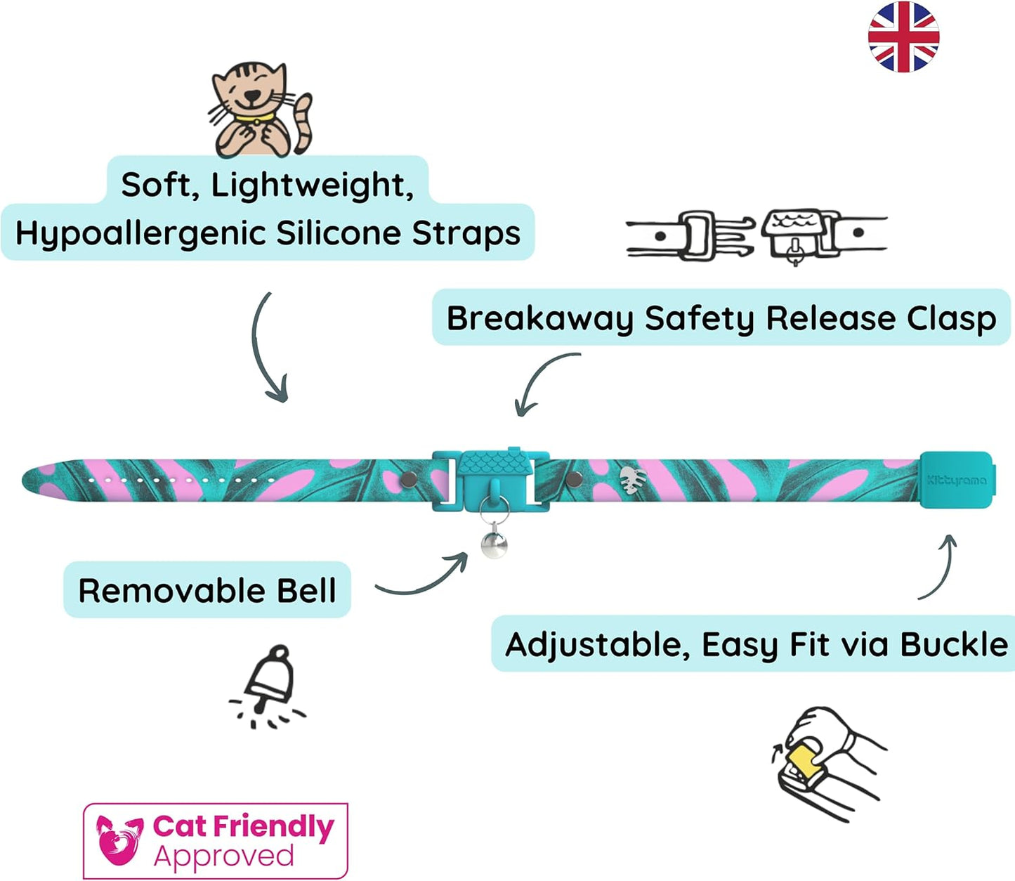 Kittyrama Botanicals Monstera Cat Collar. Award Winning. Hypoallergenic, Quick Release Breakaway, Comfy & Soft. Vet Approved. Other Styles Available