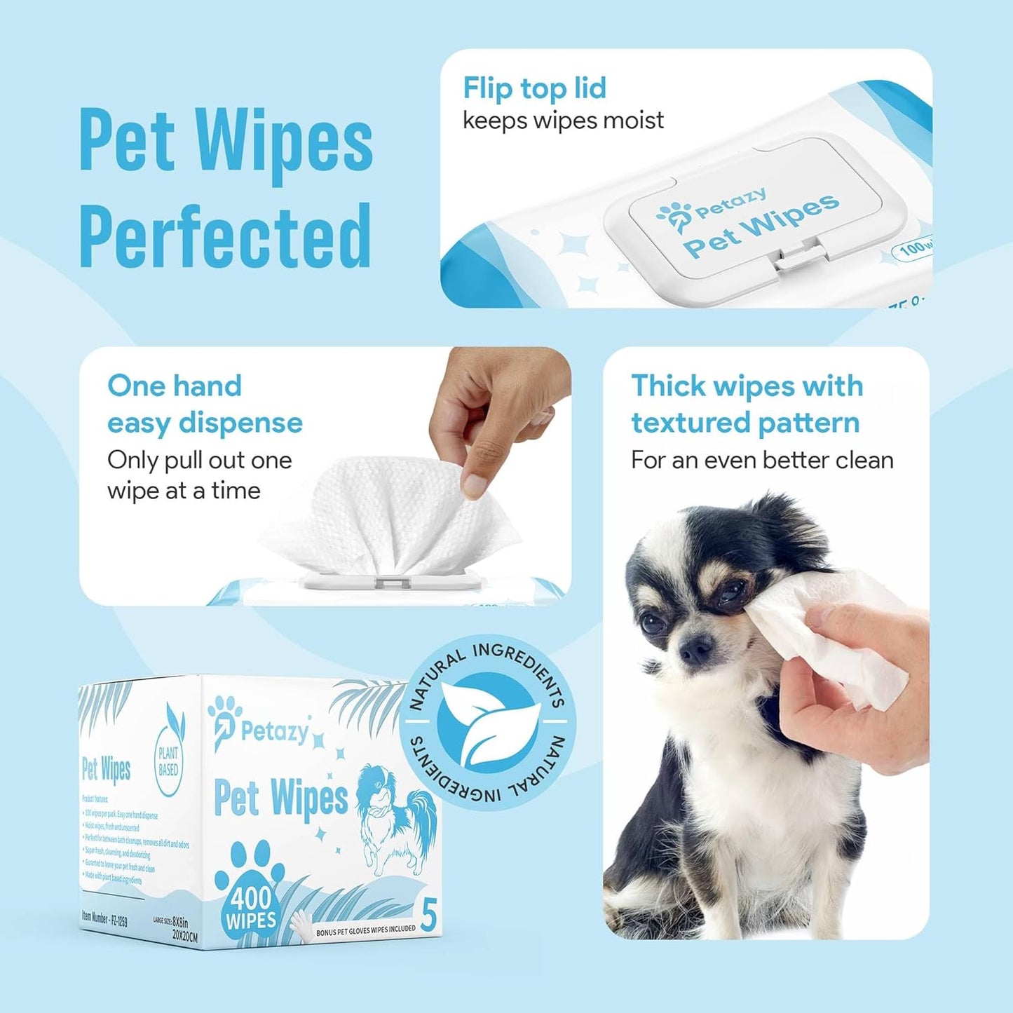 400 Dog Wipes for Paws and Butt Ears Eyes | XL 8x8 Organic Pet Wipes for Dogs | Unscented Dog Wipes Cleaning Deodorizing | Extra Thick Paw Wipes for Dogs Cats Pets | Bonus Glove Wipes Included