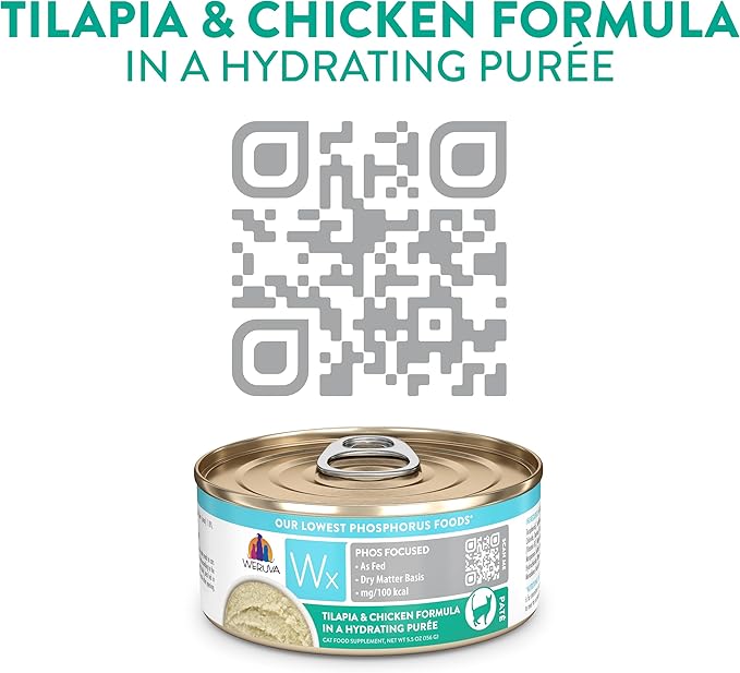 Weruva Wx Phos Focused Tilapia and Chicken Formula in a Hydrating Puree 5.5oz Can, Pack of 8
