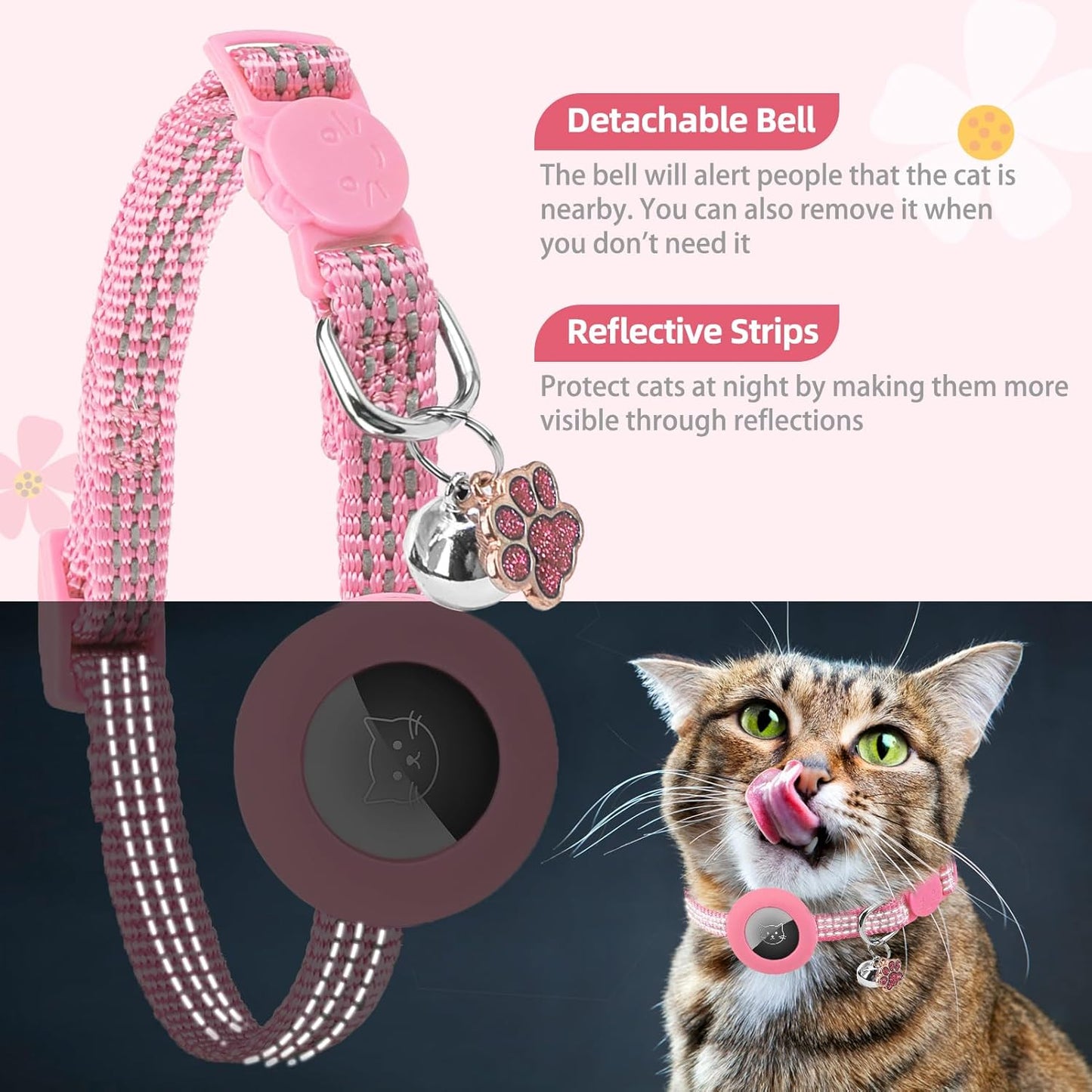 PUPTECK Airtag Cat Collar Breakaway 2 Pack with Bells, Reflective Kitten Collar with Air Tag Holder for Boy Girl Kitty and Puppies, Soft, Pink