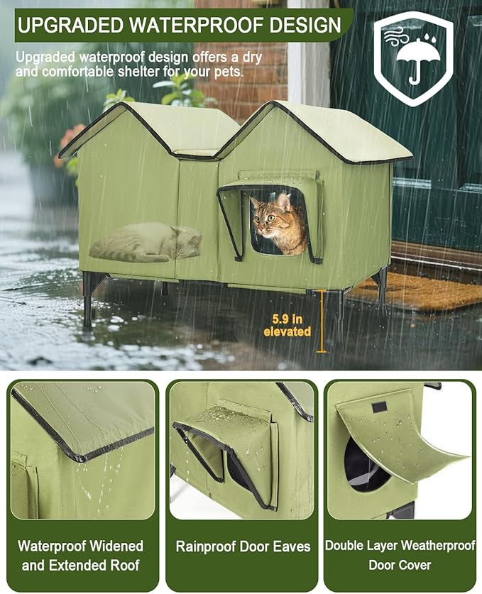 Extra Large Heated Cat House for Outside, Elevated Waterproof Outdoor Cat House Weatherproof for Winter, Insulated Outdoor Cat Shelter with Escape Doors and Heating Pad for Multiple Cats, Green