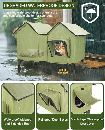 Extra Large Heated Cat House for Outside, Elevated Waterproof Outdoor Cat House Weatherproof for Winter, Insulated Outdoor Cat Shelter with Escape Doors and Heating Pad for Multiple Cats, Green