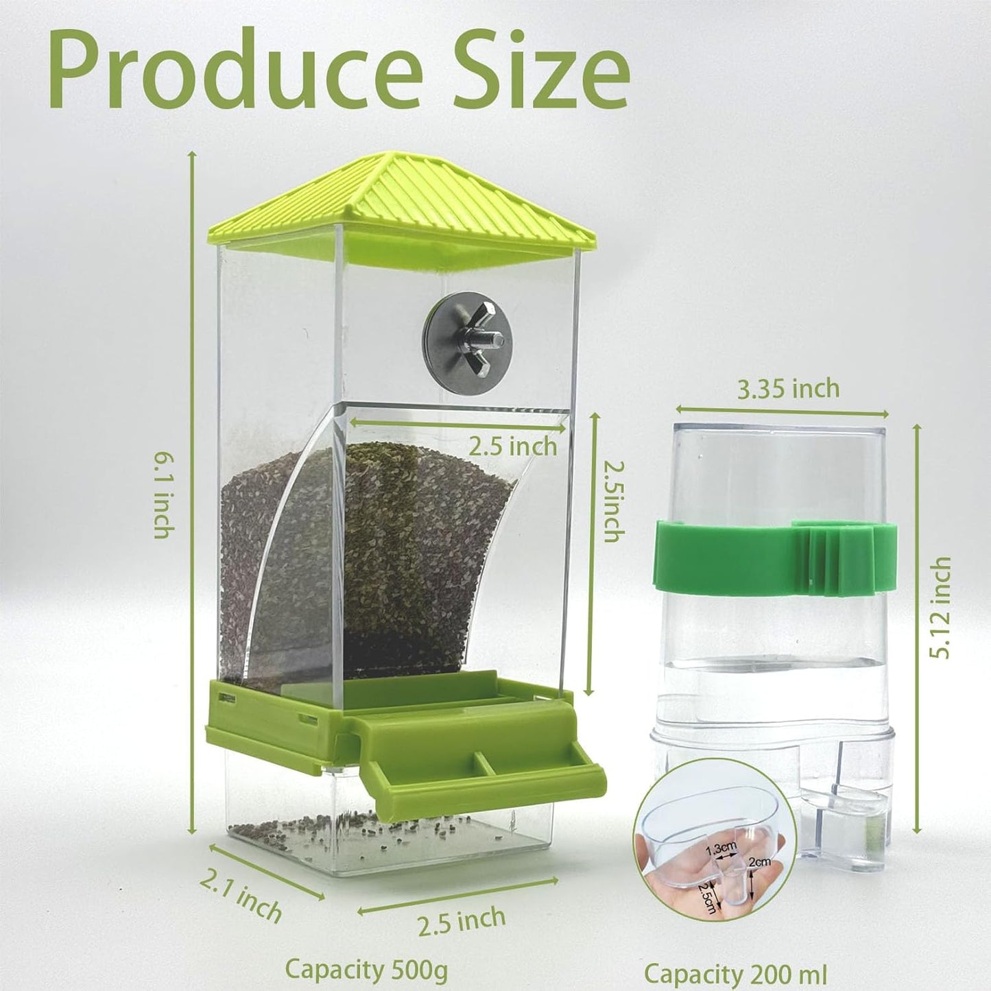 No Mess Bird Feeder Water Dispenser Set, Automatic Parrot Feeder for Cage Transparent Acrylic Food Container Drinker Cage Accessories Parakeet Cockatiel Lovebird Finch (Green)