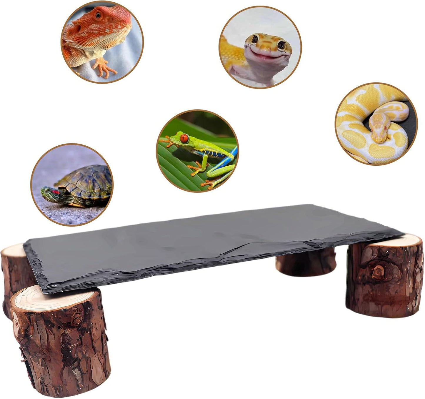 Bearded Dragon Basking Platform, Slate Rocks for Reptiles with Wooden Pile, Leopard Gecko Hides and Caves, Reptile Tank Accessories for Bearded Dragons, Geckos, Ball Pythons, Tortoise (Black, Small)