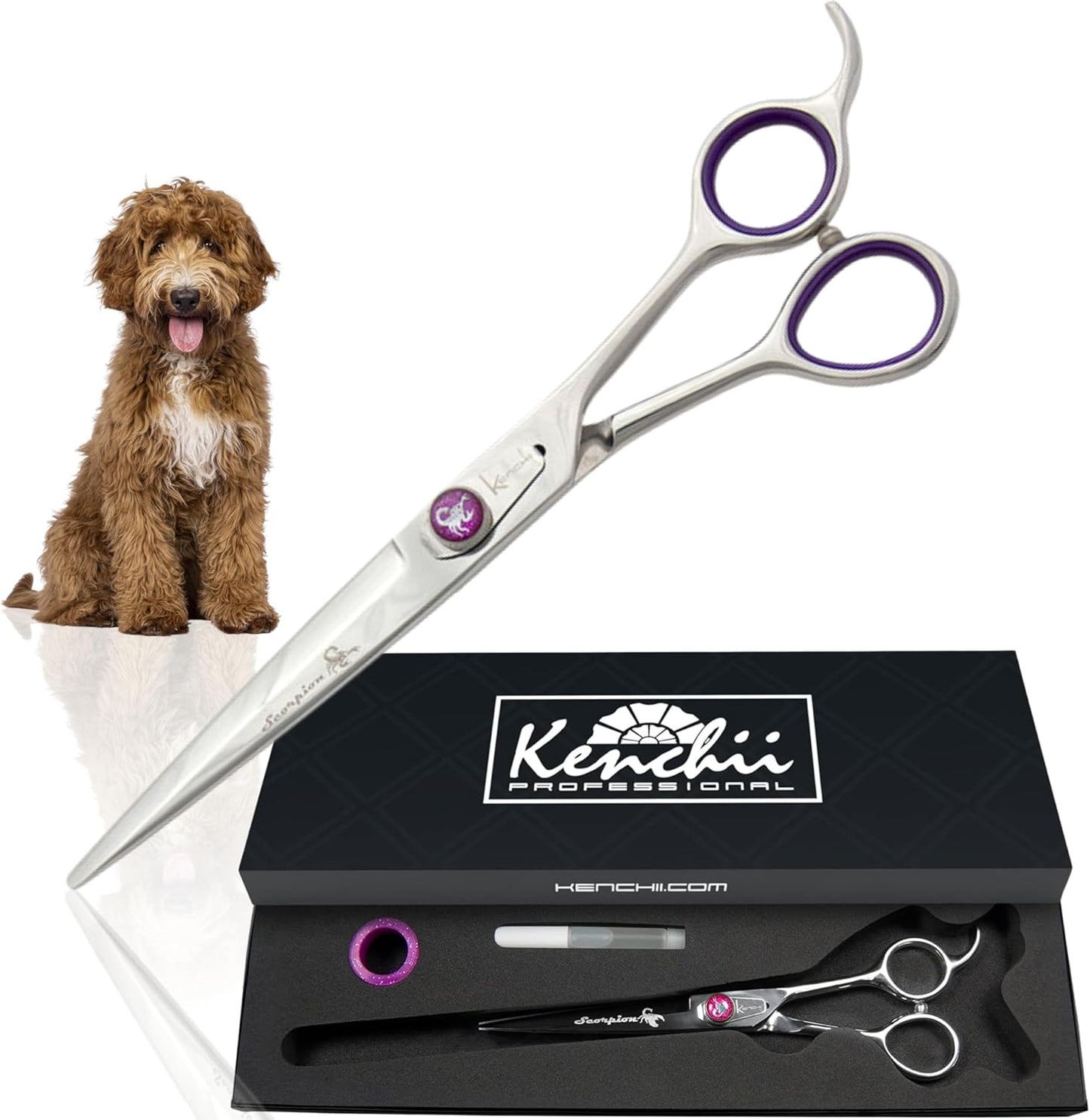 Kenchii Scorpion 7 Inch, Straight Grooming Scissors for Dogs and Pets - Premium Steel Scissors for Dog Grooming - Dog Shears Pet Grooming Accessories - Pet Hair Trimming Scissor